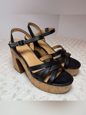 Crown Vintage Black Strappy Cork Platform Heels
